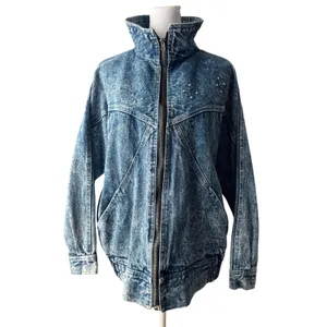 Vintage ‘80s Medium Wash Studded High Collar Full Zip Denim Jacket w/ Pockets thumbnail 2