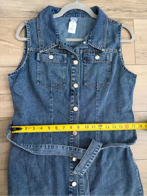 Like Love Blue Denim Button Down Tie Waist Sleeveless Cotton Knee Length Dress S thumbnail 6