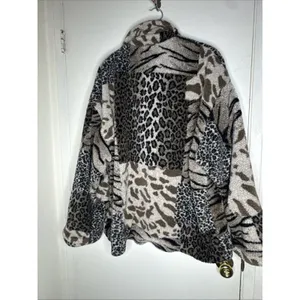 IZZI Outerwear Statement Cozy Sherpa Jacket Animal Print Patchwork Coat Button L Brown Size L thumbnail 6
