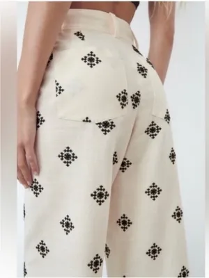 ZARA LINEN BLEND EMBROIDERED PANTS Ivory/ Black Size Large thumbnail 4