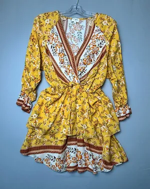 Umgee Mustard Yellow Floral Boho Faux Wrap Ruffle Dress Medium thumbnail 1