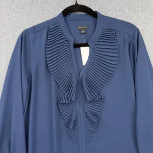 Ann Taylor Womens Navy Blue Pleated Ruffle V-Neck Long Sleeve Blouse Size S NWT thumbnail 2