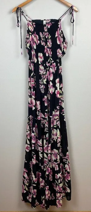 Intimately Free People Garden‎ Party Floral Maxi Dress S Smocked Black Pink Tie thumbnail 1