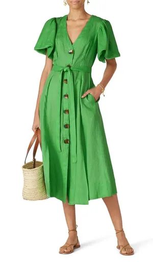 Nicholas Troy Green Linen Button Front Tie Waist Short Sleeve Dress Size 4 thumbnail 1