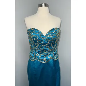 Sherri Hill Strapless Mermaid Style Prom Dress Gown Size 4 Gold Beaded Turquoise thumbnail 2