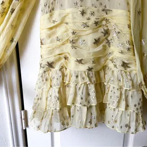 LoveShackFancy Dress Rina Silk Metallic Star Ruffle Mini Sunmer Sunflower 2 EUC thumbnail 3