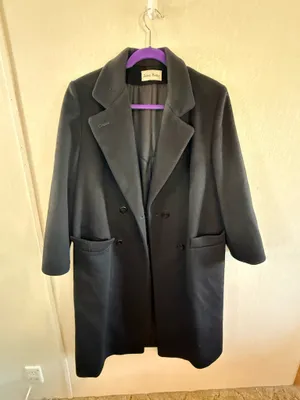 Vintage John Weitz Forstmann 100% Wool Black Double Breasted Long Coat Size L thumbnail 1