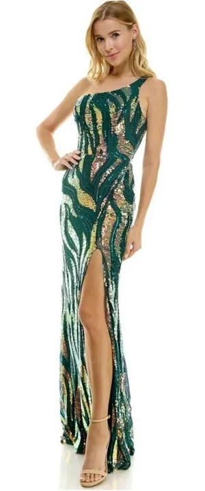 City‎ Studio Dress Juniors' Sequin One-Shoulder Slit Gown Size 11 Green Gold NWT thumbnail 1