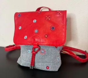 Desigual Floral Embroidered Mandala Denim Backpack Red Blue Mix Media Braided thumbnail 1