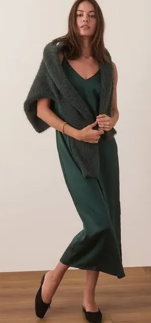 Marine Layer Dark Green Evergreen Satin Slip Midi Dress M thumbnail 1