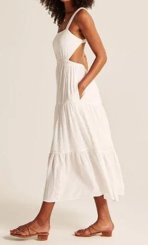 Abercrombie and Fitch linen blend tiered mid dress with stretchy straps thumbnail 1
