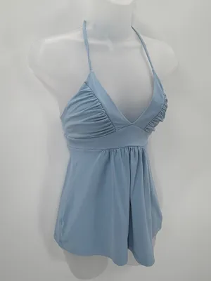 Susana Monaco Halter Top Womens XS Light Blue Ruched Gathered Vneck Stretch Tank thumbnail 2