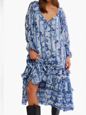 NWT Free People Garden Wonders Long Sleeve Cotton Maxi Dress Medium, BLUE COMBO thumbnail 2