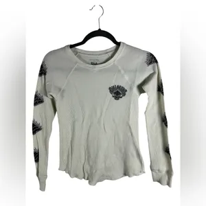Billabong Waffle Knit Long Sleeve Top XS Cream Graphic Thermal Surf Casual Shirt thumbnail 2
