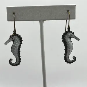Vintage Style White Black Seahorse Drop‎ Earrings Silver Tone Nautical Coastal thumbnail 2