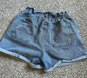Plaid & Plain Elastic Waist High Rise Denim Jean Retro Rolled Shorts Medium thumbnail 6
