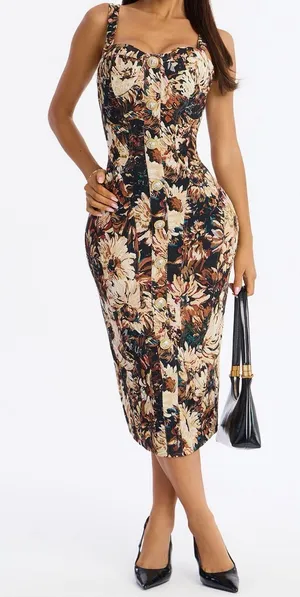 Floral Button-Front Midi Dress in Multi Brown thumbnail 1