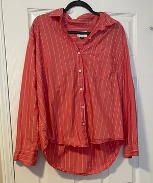 American Eagle Outfitters Coral Red Striped Button-Down Shirt thumbnail 1