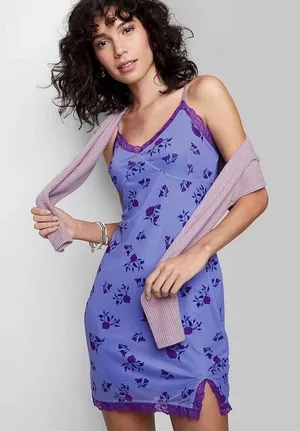 Wild Fable Purple Floral‎ Mesh Lace Trim Slip Mini Dress Womens Small VN1042782 thumbnail 1