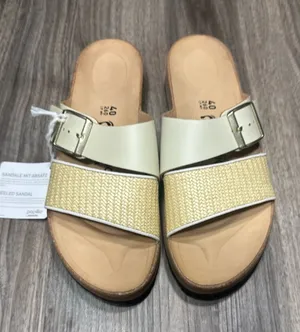 Birkenstock Women’s Two-Band Slide Sandals in Cream and Natural Woven thumbnail 1