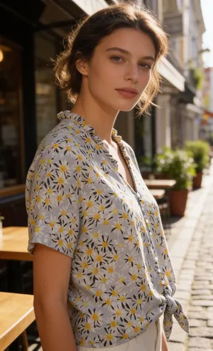 For Cynthia Daisy Print Short Sleeve Ruffle Detail Button-Down Tie-Front Top CL thumbnail 1