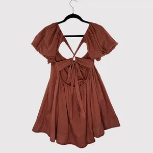 Free People Women Dress Brown Marina Mini Puffed Tie Back A Line Boho Chic Small thumbnail 2