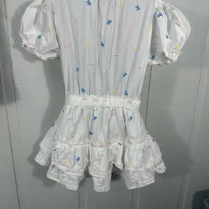 Mable White with Multi Colored Bows Puff Sleeve Lined Dress Size Small EUC thumbnail 5