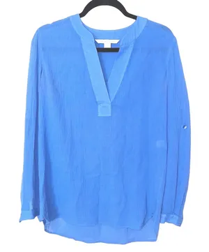 Diane‎ Von Furstenberg Cotton Crepe Roll Tab Sleeve Blouse Blue Size 0 EUC thumbnail 1