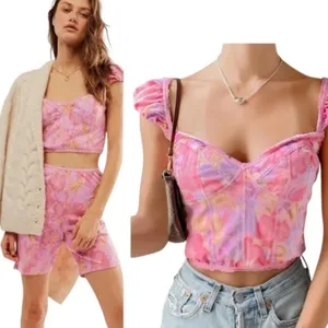 Free People Get Physical Pink Floral Corset Crop Top & Shorts Set Size S NWT thumbnail 2