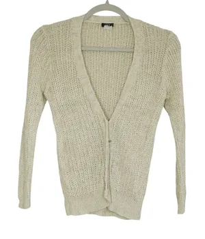 J. Crew Size Small Linen Open Knit Cardigan Sweater Oatmeal Beige V-Neck Fitted thumbnail 1