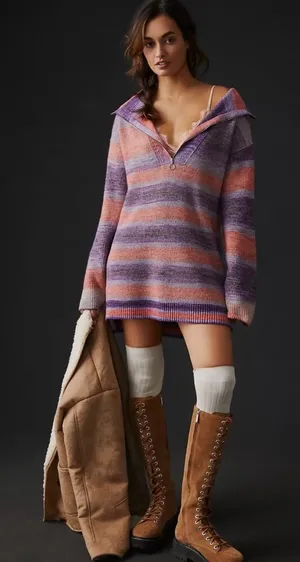 Anthropologie Daily Practice Half-Zip Tunic Sweater Mini Dress Striped M thumbnail 1
