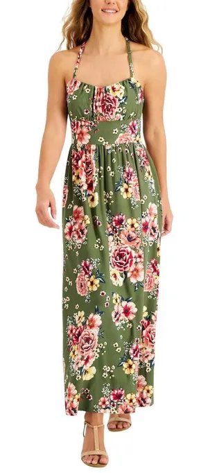 NWT Jamie & Layla Womens Petite Floral-Print Empire Maxi Dress Green Multi PL thumbnail 1