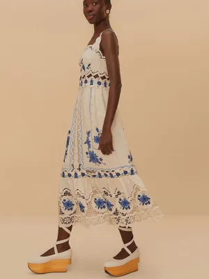NWT Farm Rio Off-White Richelieu Sunflower Embroidered Midi Dress M thumbnail 3