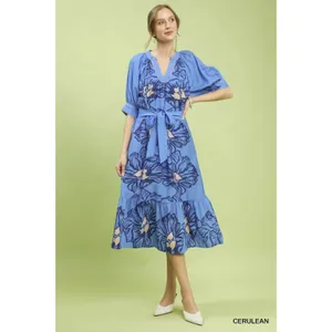 Umgee Floral Belted‎ Midi Dress - Cerulean - Small thumbnail 2