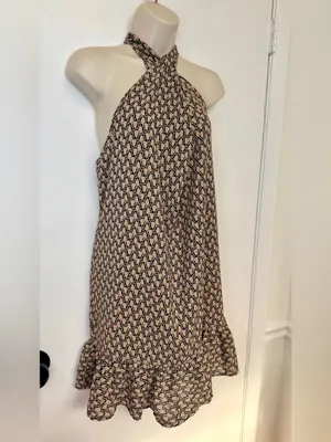EMERY ROSE Size S Halter Mini Dress Beige Black Geometric Print Ruffle Hem thumbnail 3