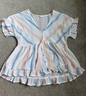 Blu Pepper Pastel Stripe V-Neck Ruffle Button Babydoll Top thumbnail 1