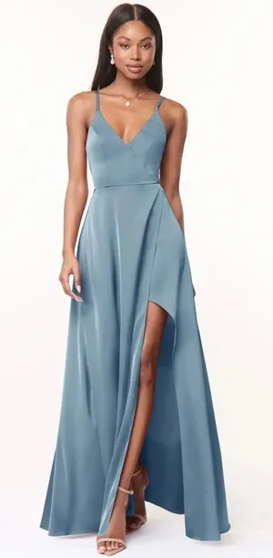 NEW Azazie Size A 14 Maksim Stretch Satin Maxi Dress Dusty Blue Bridesmaid thumbnail 1