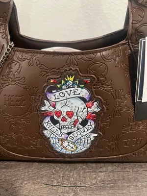 Chocolate Brown Embossed Shoulder Bag with Skull Patch by Ed Hardy thumbnail 3