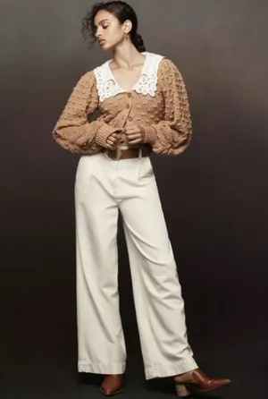 Anthropologie Cottage Balloon Sleeve Battenberg Lace Collared Cardigan Sweater L thumbnail 5