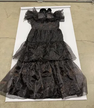 Wednesday Addams Gothic Tiered Maxi Dress Black Sheer Organza Ruffle Gown broken thumbnail 1