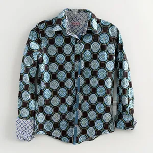 Tizzie Womens Blue contrast medallion geometric fitted stretch button up shirt S thumbnail 1