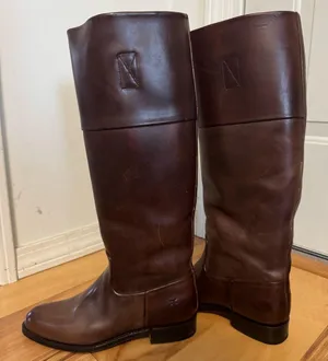 Frye Demy Cuff women's brown leather riding boots made in Spain. thumbnail 1