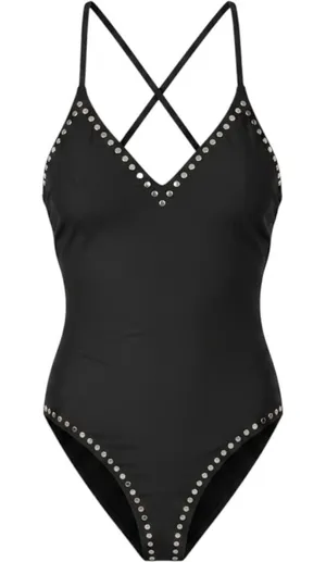 Juicy Couture Women Large One Piece Swimsuit Black Studded Strappy Back‎ New thumbnail 1