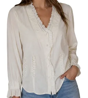 Scully Button Up Shirt Bell Sleeve Lace Trim Collarless Cinch Back White Medium thumbnail 1