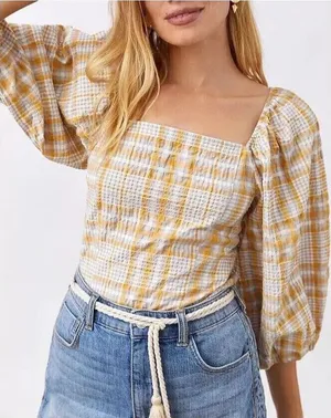 EUC Womens Maeve Anthropologie Square Neck Plaid Blouse puff‎ sleeve size M thumbnail 1