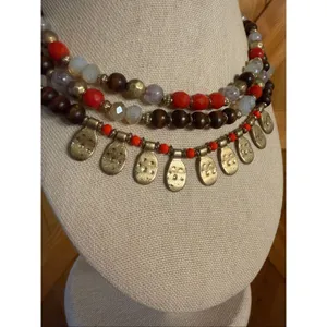 Three Layered Strand Red Brown Gold White Beaded Necklace 18" Gold Toned Chain ( thumbnail 5