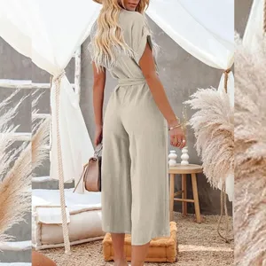 H&M Beige Linen Blend V Neck Button Front Jumpsuit Romper Size XL thumbnail 2
