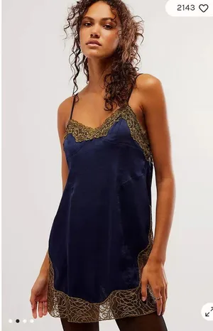 Free People #137- Intimately Aries Rising Lace Mini Slip Dress In Navy NWOT thumbnail 3