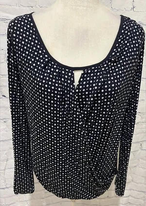 Ann Taylor Polka Dot Front Navy Back Long Sleeve Blouse Size Medium thumbnail 1