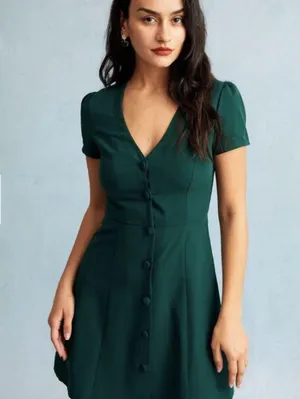 RIOHAS The Dark Green V Neck Button-up Shirt Mini Dress thumbnail 7